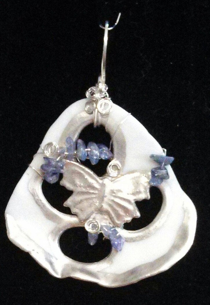 Porcelain Butterfly Pendant with Silver and Tanzanite