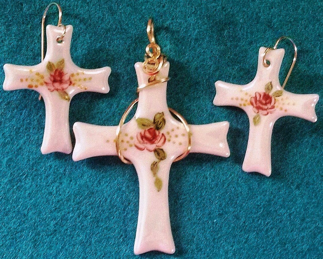 Gold and Roses Cross Pendant and Earrings